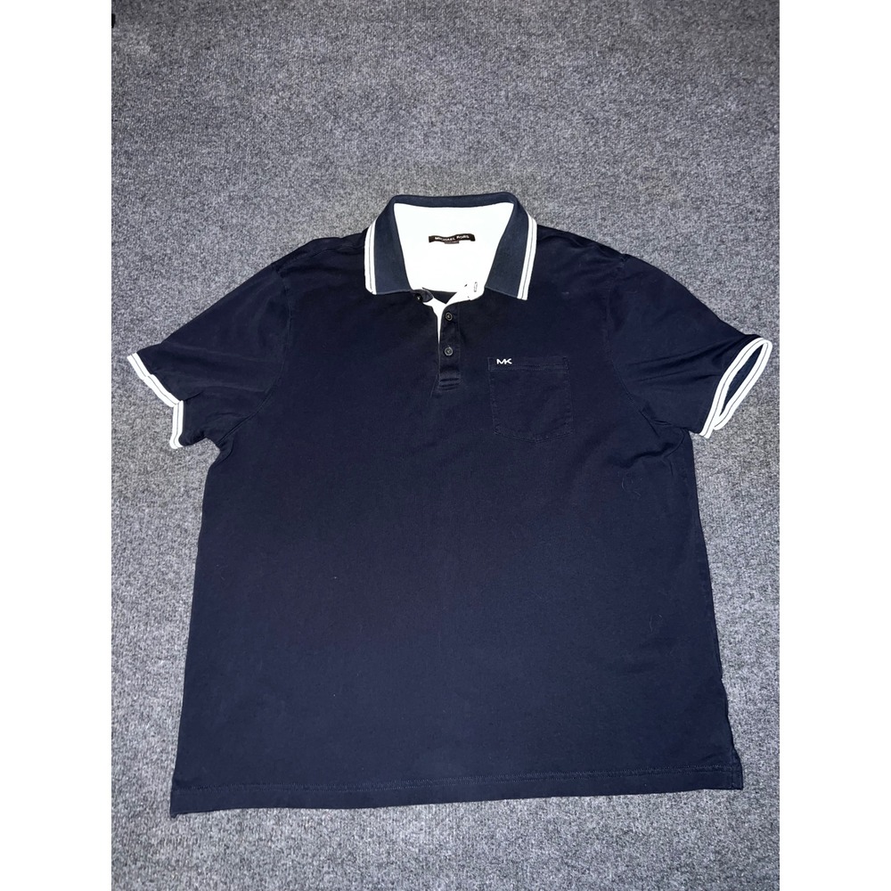 Michael Kors Mens XL Navy Blue Short Sleeve Polo Shirt White Trim Pocket